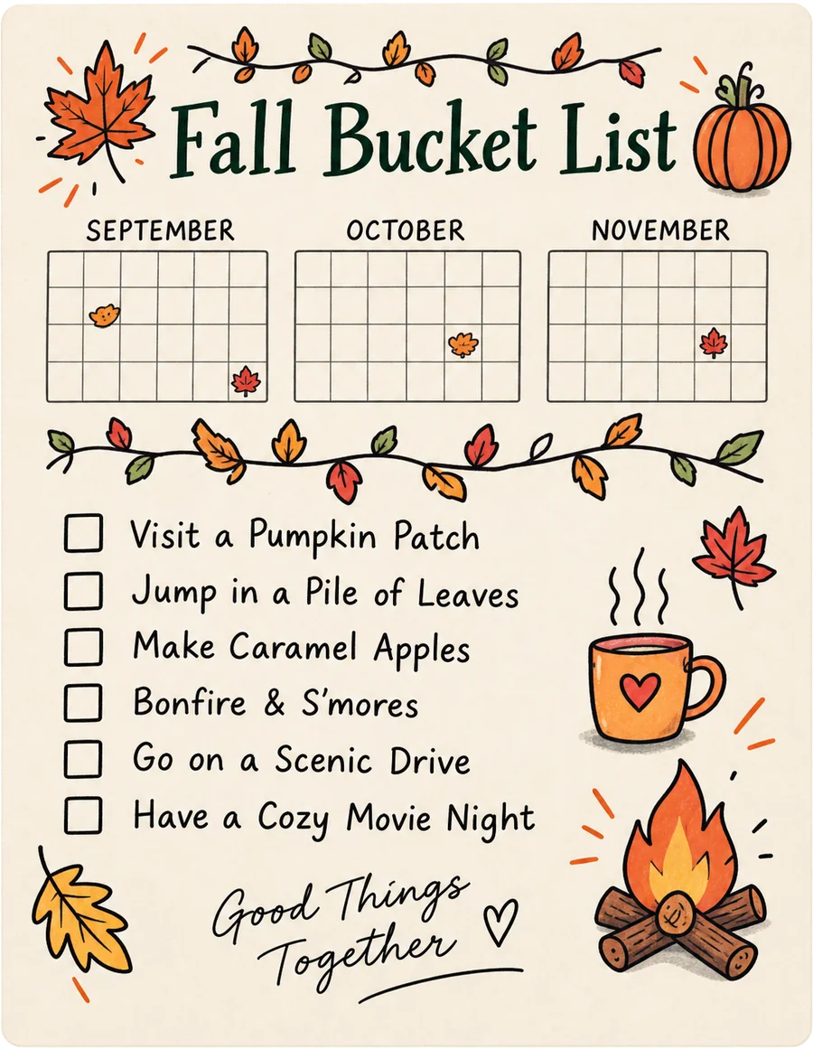 Fall Bucket List calendar with September, October and November grids and a checklist of fall activities