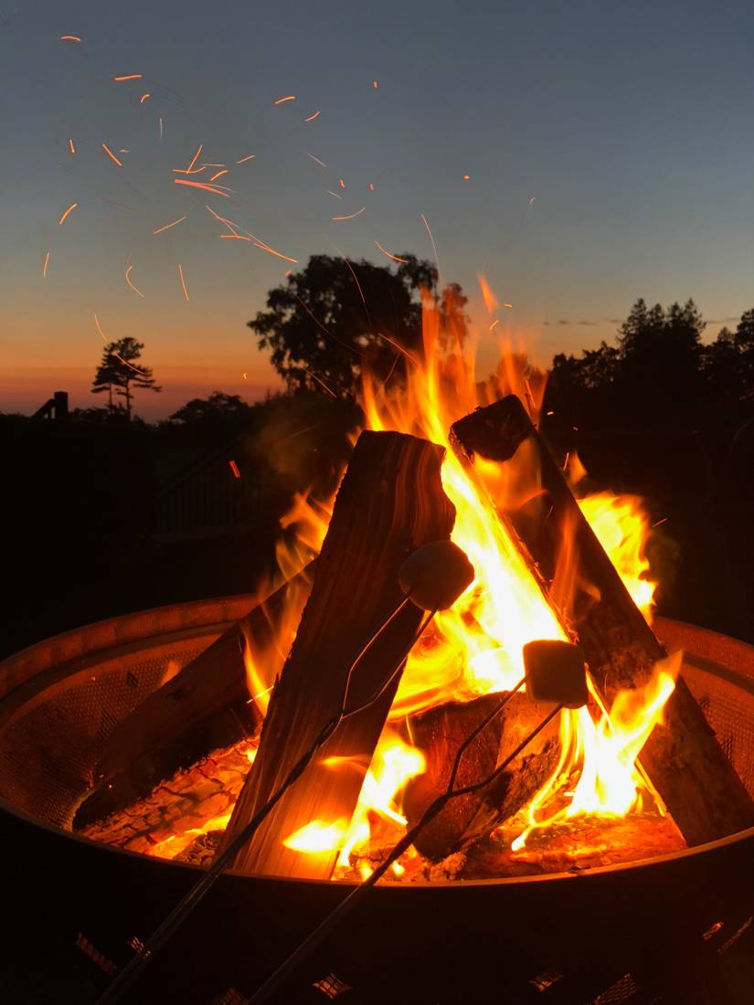 A campfire at dusk with two marshmallows toasting