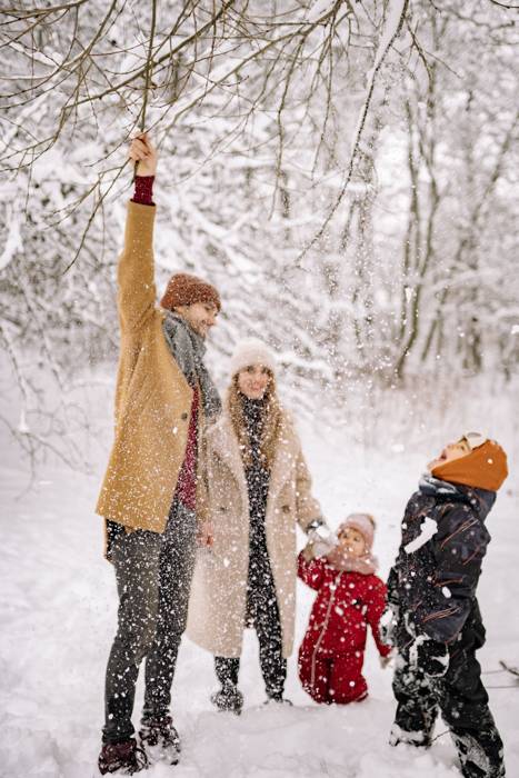 A family shaking snow from a branch onto laughing kids